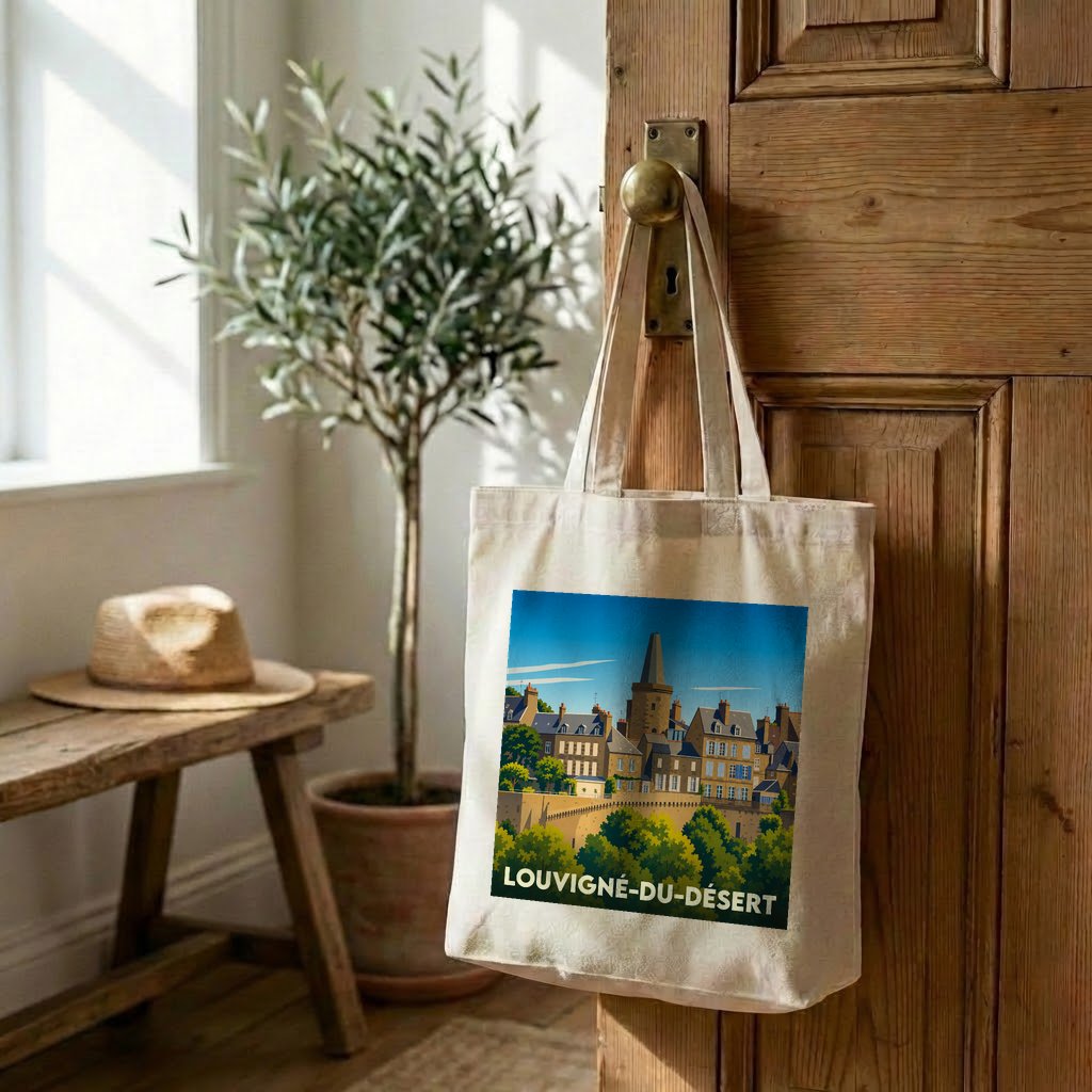 Tote bag souvenir de la ville de Louvigné-du-Désert avec une illustration stylisée.