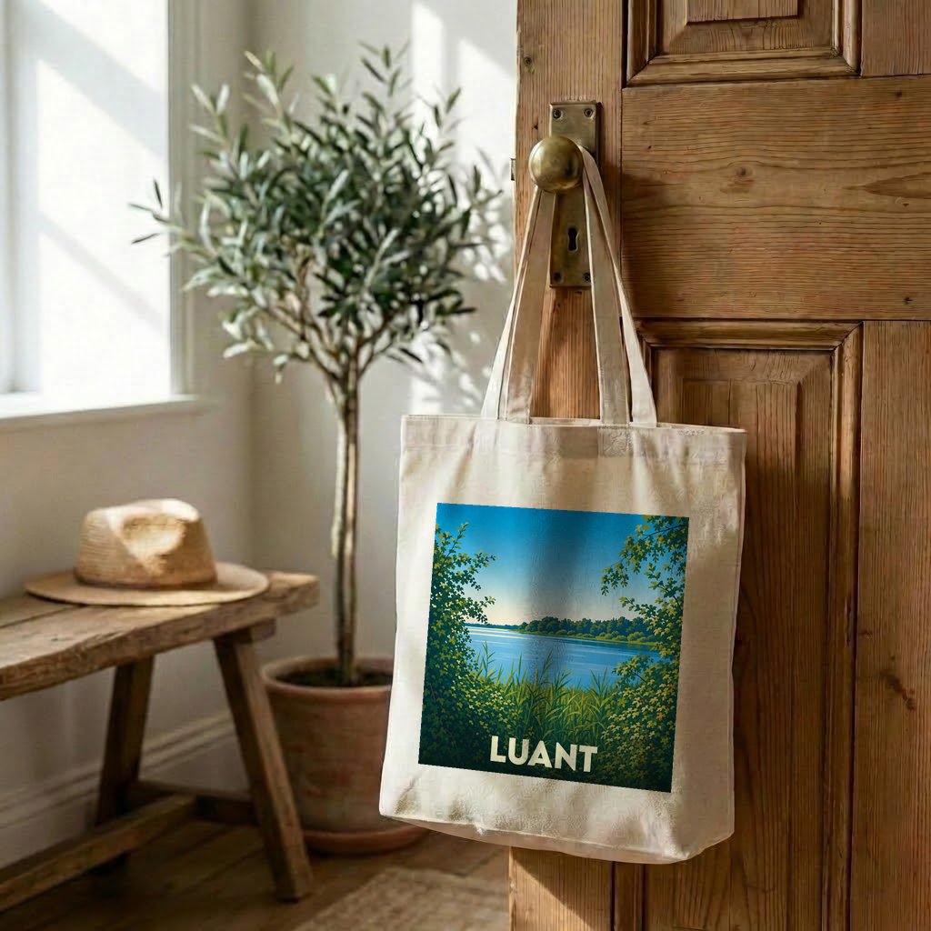 Tote bag souvenir de la ville de Luant avec une illustration stylisée de paysage naturel.