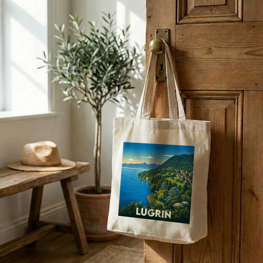 Tote bag souvenir de la ville de Lugrin orné d'une illustration paysagère stylisée.