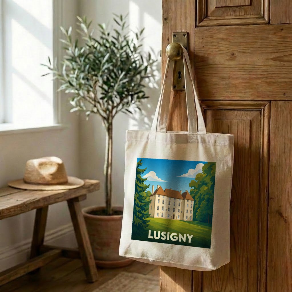Tote bag souvenir de la ville de Lusigny orné d'une illustration stylisée de son château.