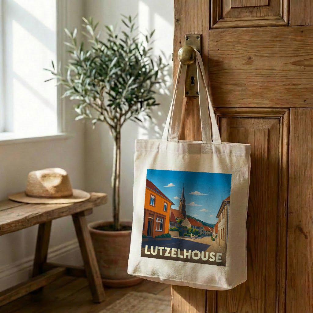 Sac cabas en toile souvenir de la ville de Lutzelhouse avec une illustration colorée et stylisée.