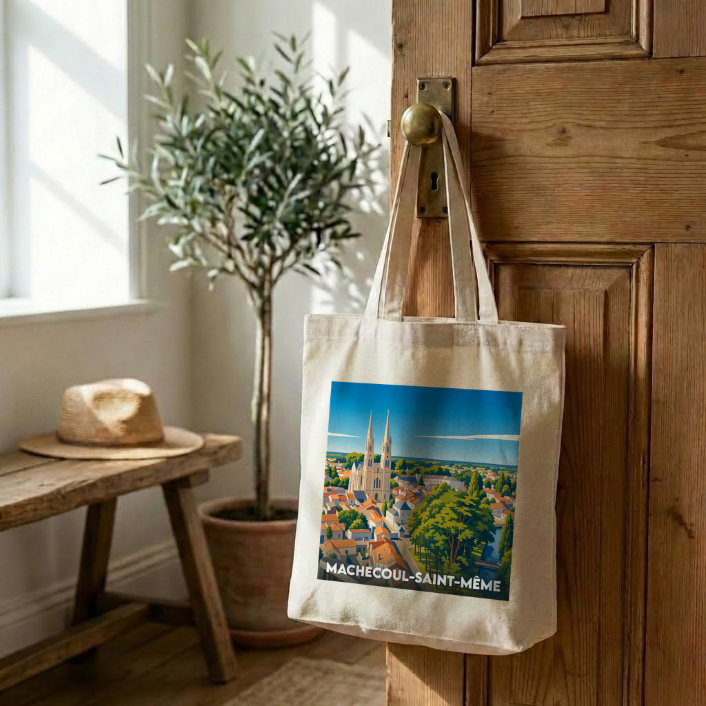 Tote bag souvenir de la ville de Machecoul-Saint-Même avec une illustration stylisée.