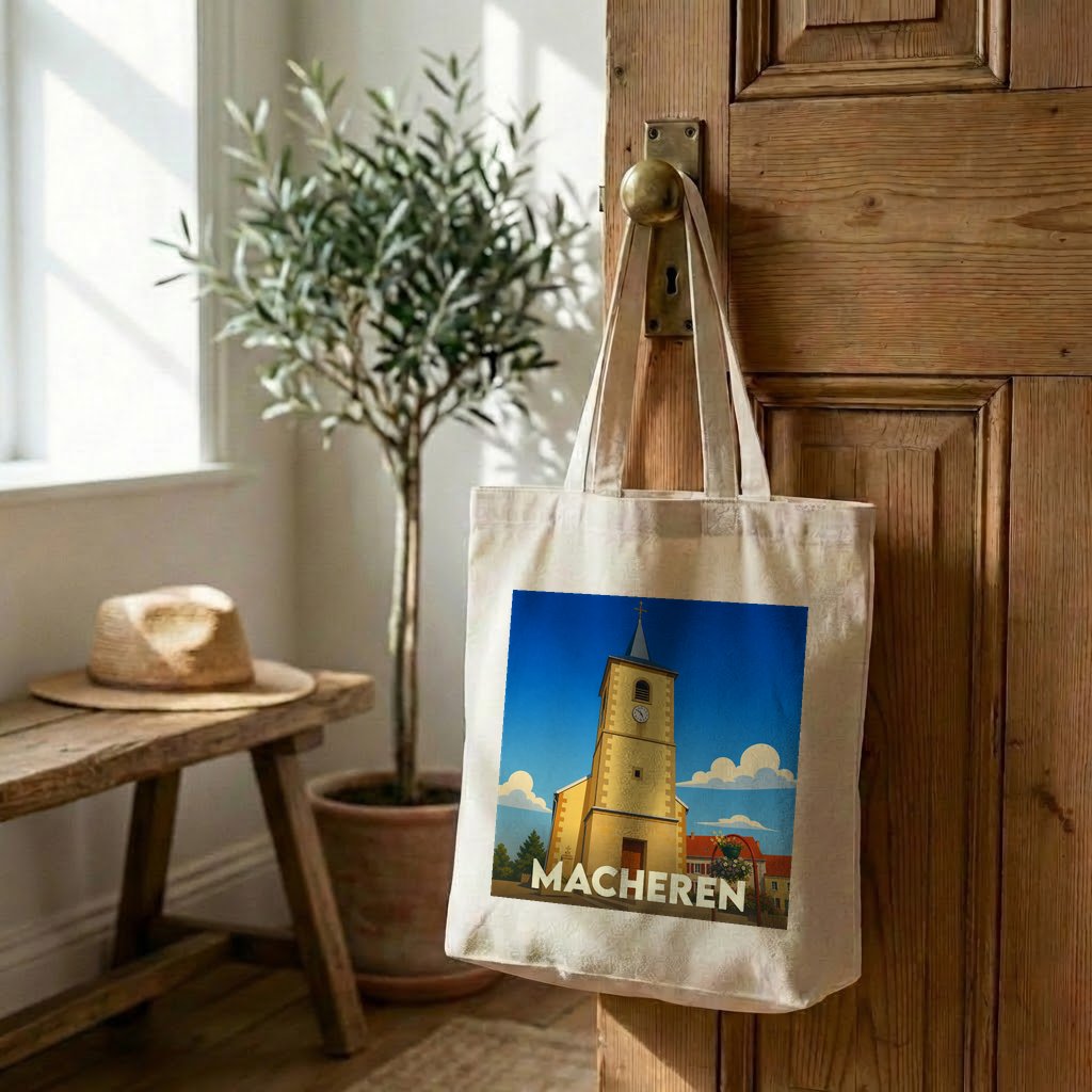 Tote bag souvenir de la ville de Macheren avec une illustration stylisée de son église.