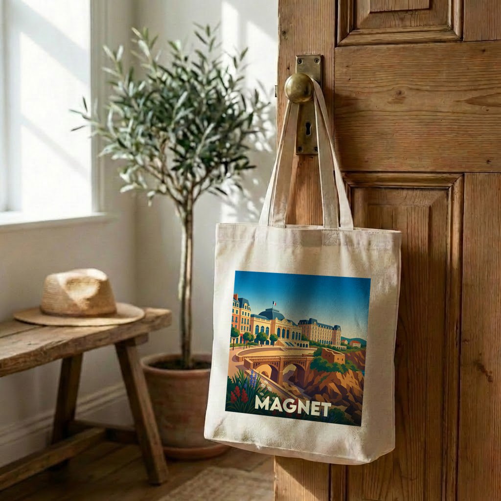 Tote bag souvenir de la ville de Magnet avec une illustration stylisée d'un paysage urbain historique.