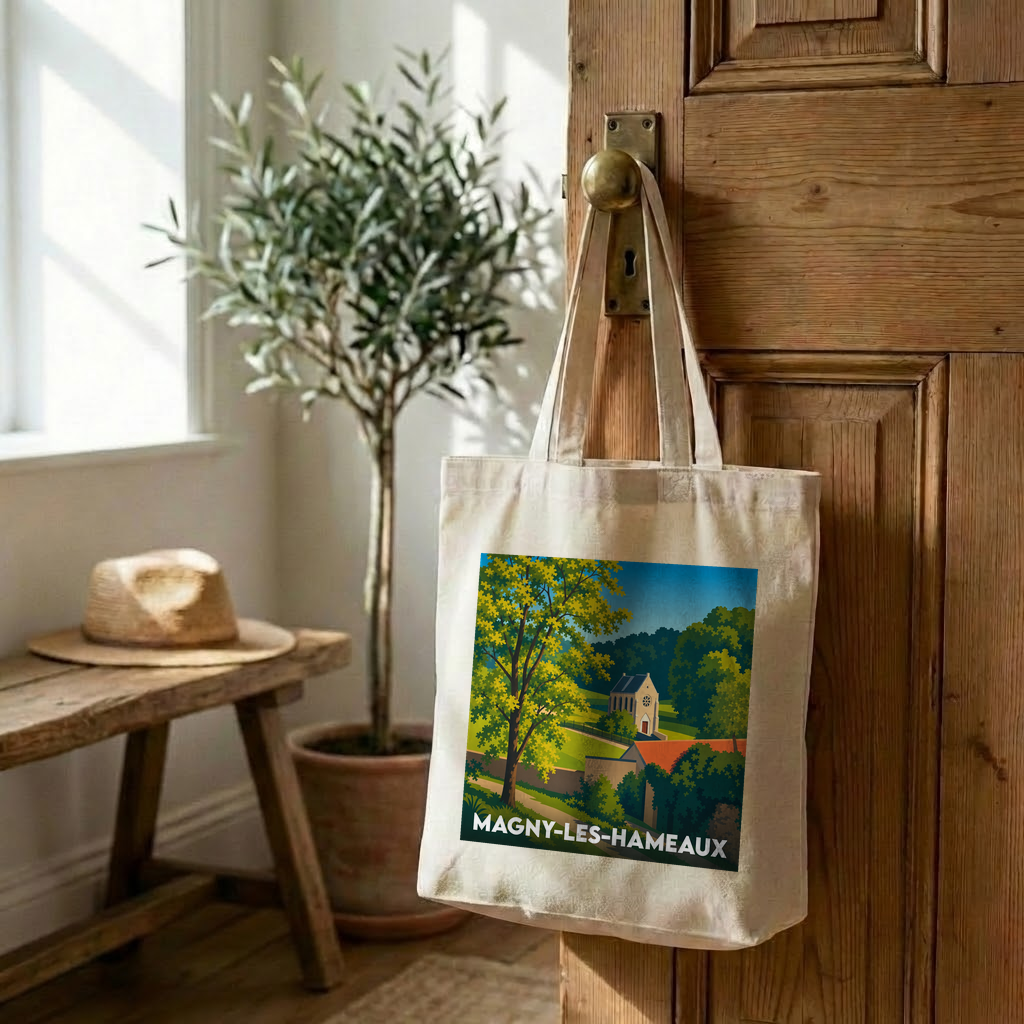 Tote bag souvenir de la ville de Magny-les-Hameaux avec une illustration stylisée de son paysage.
