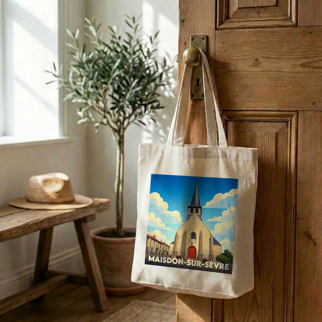 Tote bag souvenir de la ville de Maisdon-sur-Sèvre avec une illustration stylisée de son église.