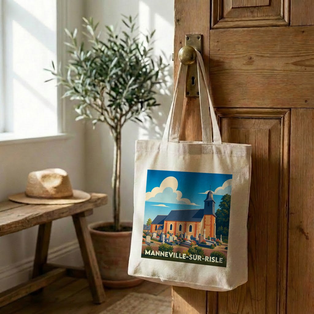 Tote bag souvenir de la ville de Manneville-sur-Risle avec une illustration stylisée.