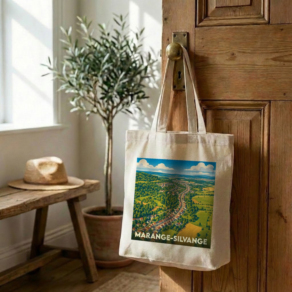 Tote bag souvenir de la ville de Marange-Silvange avec une illustration de paysage vallonné.