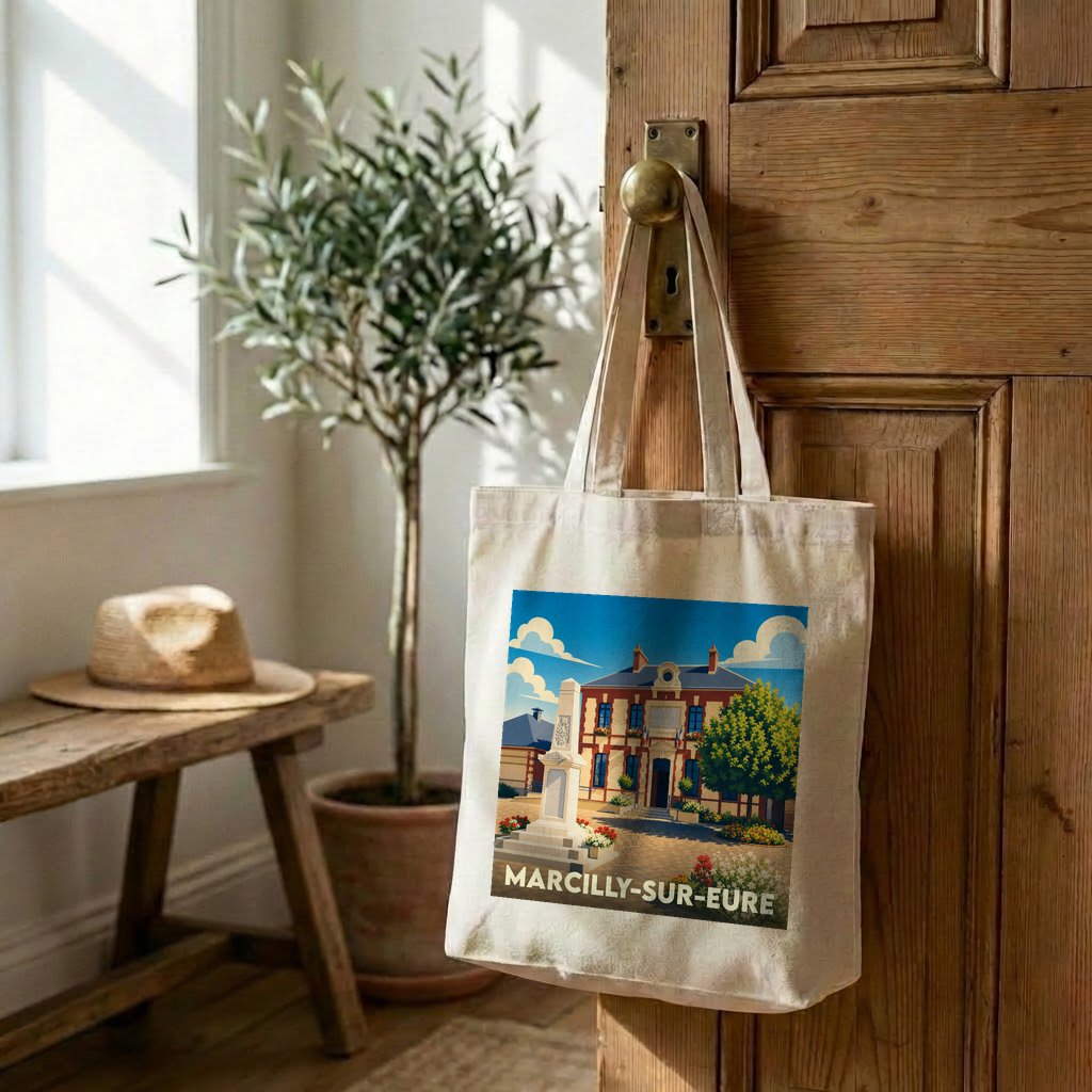 Tote bag souvenir de la ville de Marcilly-sur-Eure avec une illustration stylisée.