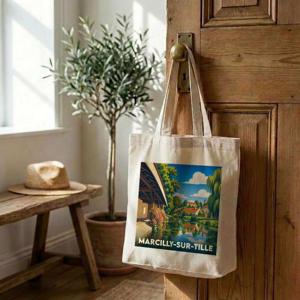 Tote bag souvenir de la ville de Marcilly-sur-Tille avec une illustration colorée de paysage.
