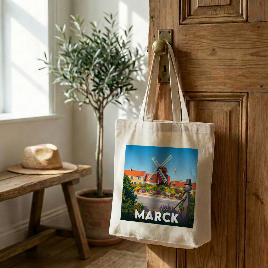 Tote bag souvenir de la ville de Marck avec une illustration stylisée.