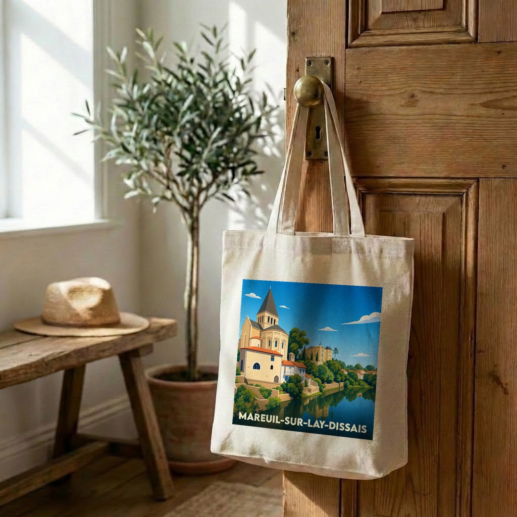 Sac cabas souvenir de la ville de Mareuil-sur-Lay-Dissais avec une illustration de style affiche vintage.