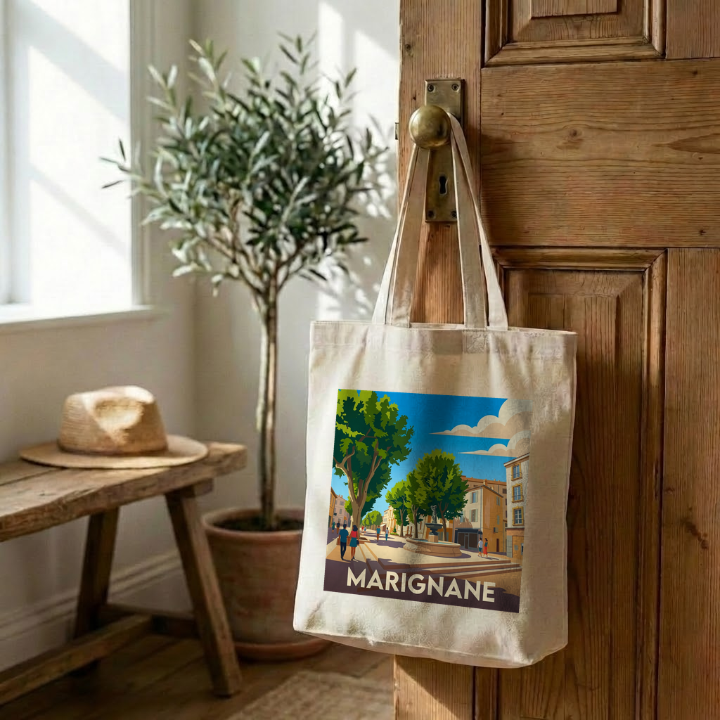 Tote bag souvenir de la ville de Marignane avec une illustration stylisée.
