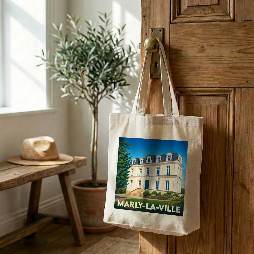 Tote bag souvenir de Marly-la-Ville avec une illustration stylisée d'un manoir.