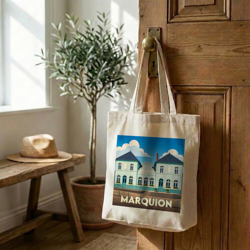 Sac cabas en toile souvenir de la ville de Marquion avec une illustration stylisée.