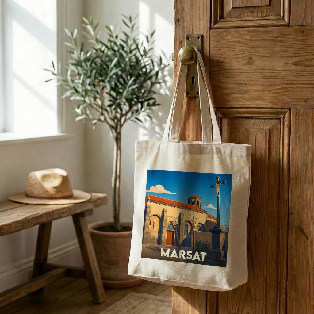 Tote bag souvenir de la ville de Marsat avec une illustration stylisée d'une église sous un ciel bleu.