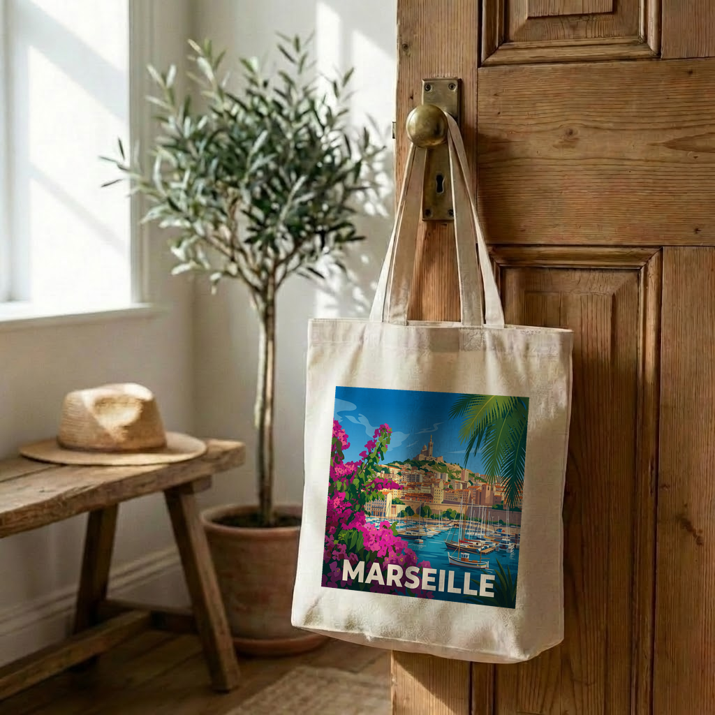 Tote bag souvenir de la ville de Marseille avec une illustration stylisée.