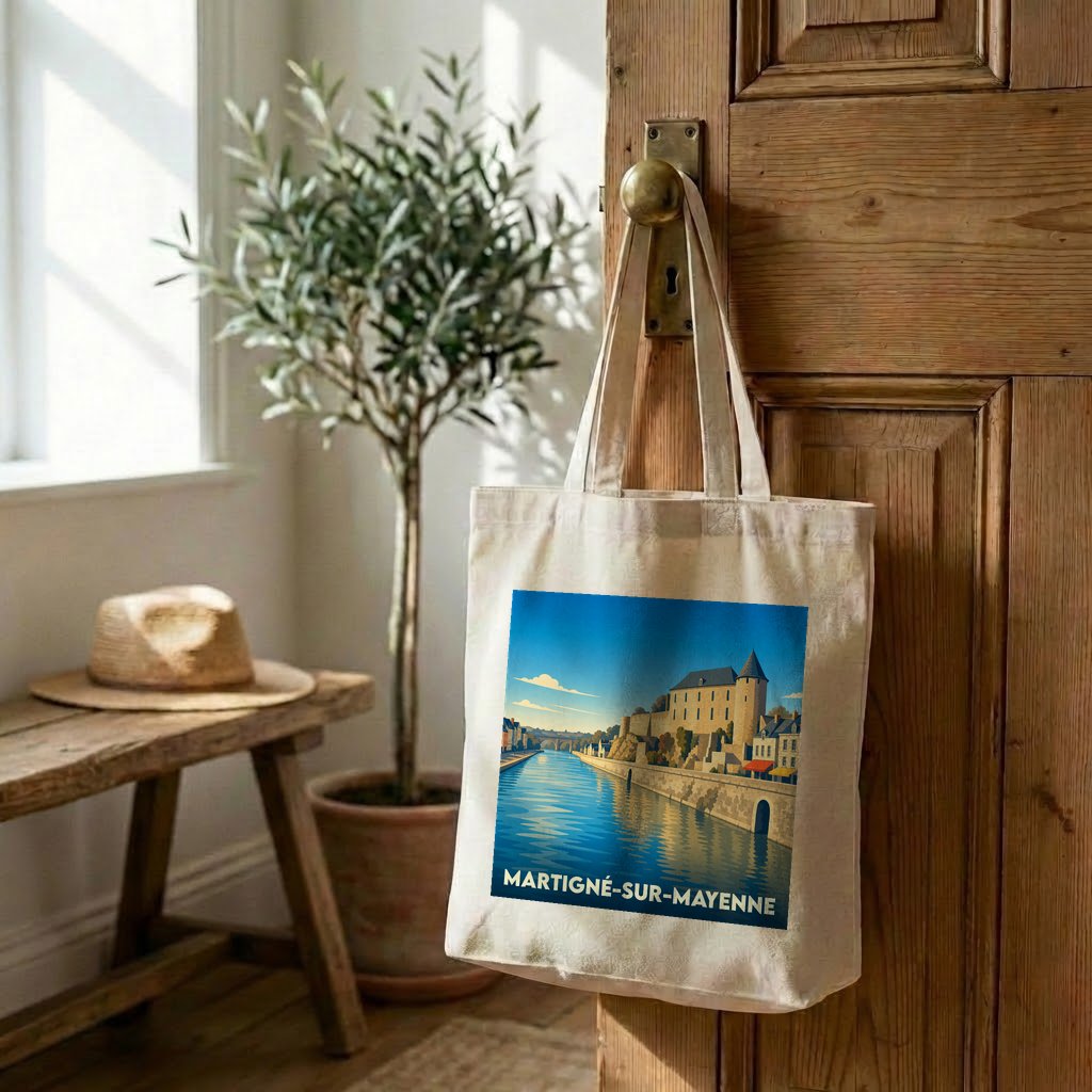 Tote bag souvenir de la ville de Martigné-sur-Mayenne avec une illustration stylisée d'un château en bord de rivière.