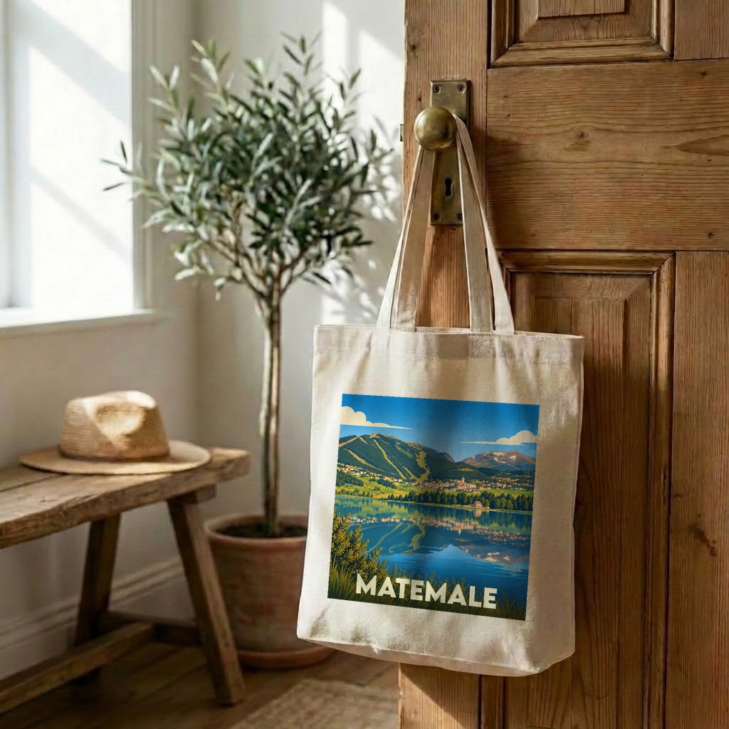 Tote bag souvenir de la ville de Matemale avec une illustration stylisée d'un paysage de montagne et de lac.