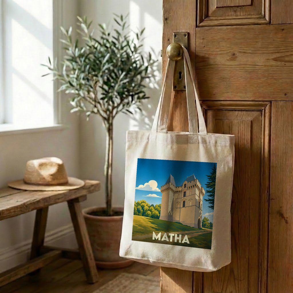 Tote bag souvenir de la ville de Matha avec une illustration stylisée d'un château.