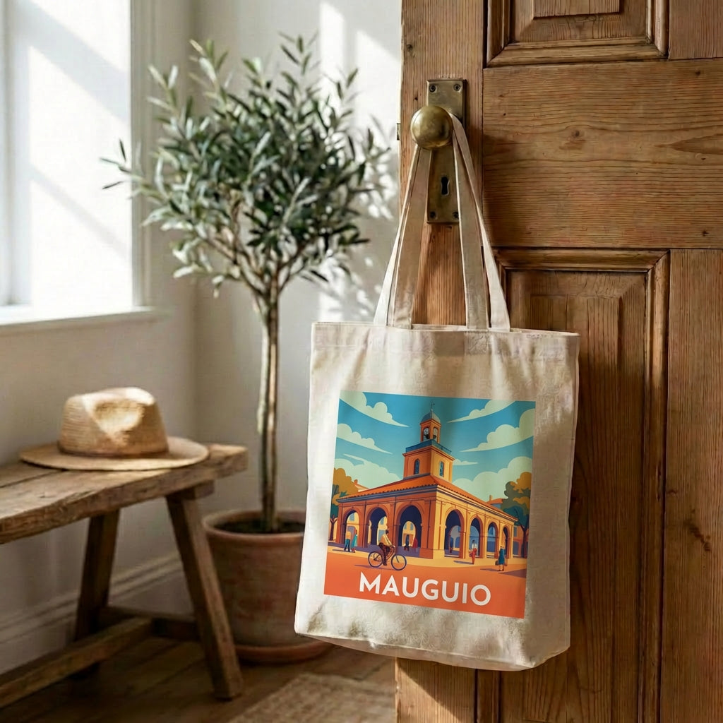 Tote bag souvenir de la ville de Mauguio avec une illustration stylisée et colorée.