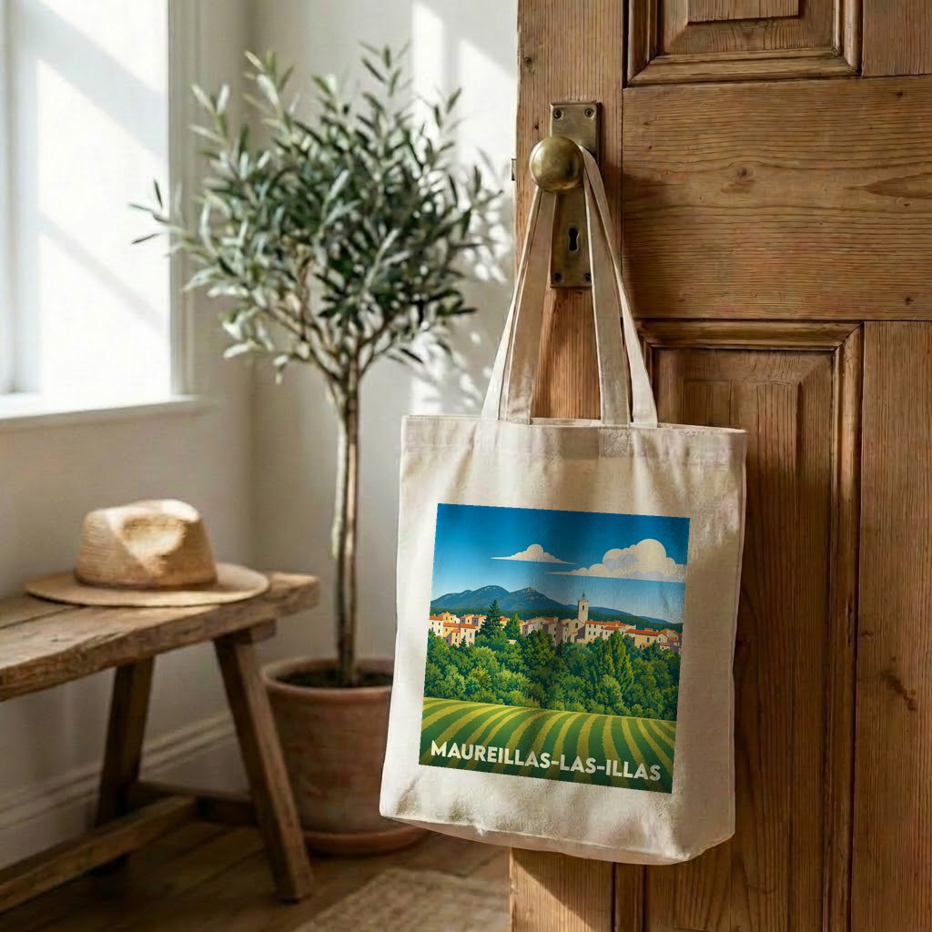 Tote bag souvenir de la ville de Maureillas-las-Illas avec une illustration de paysage colorée.