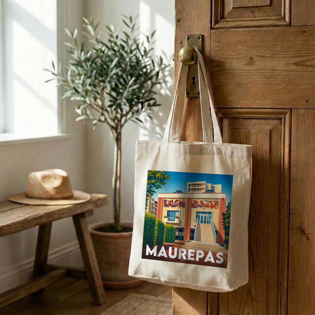 Tote bag souvenir de la ville de Maurepas avec une illustration stylisée.