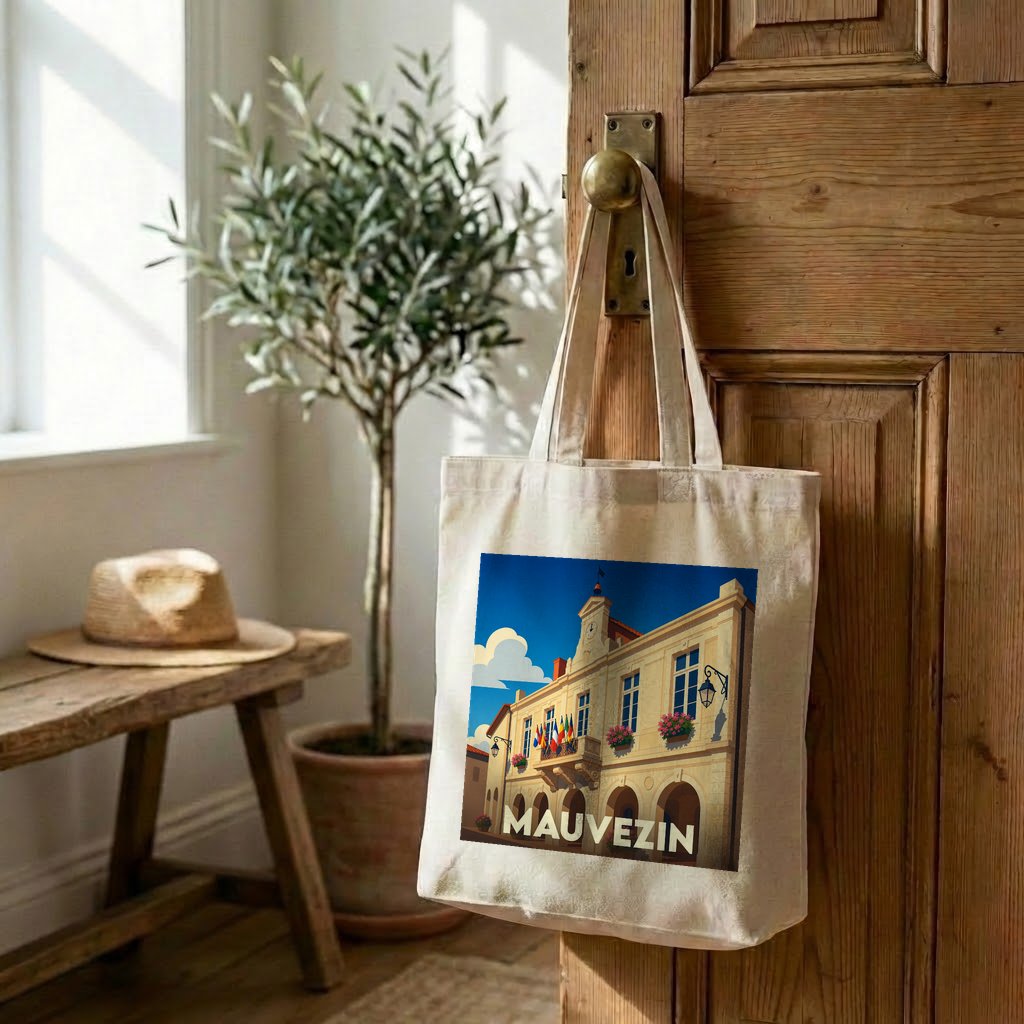 Tote bag souvenir de la ville de Mauvezin avec une illustration stylisée de sa mairie.