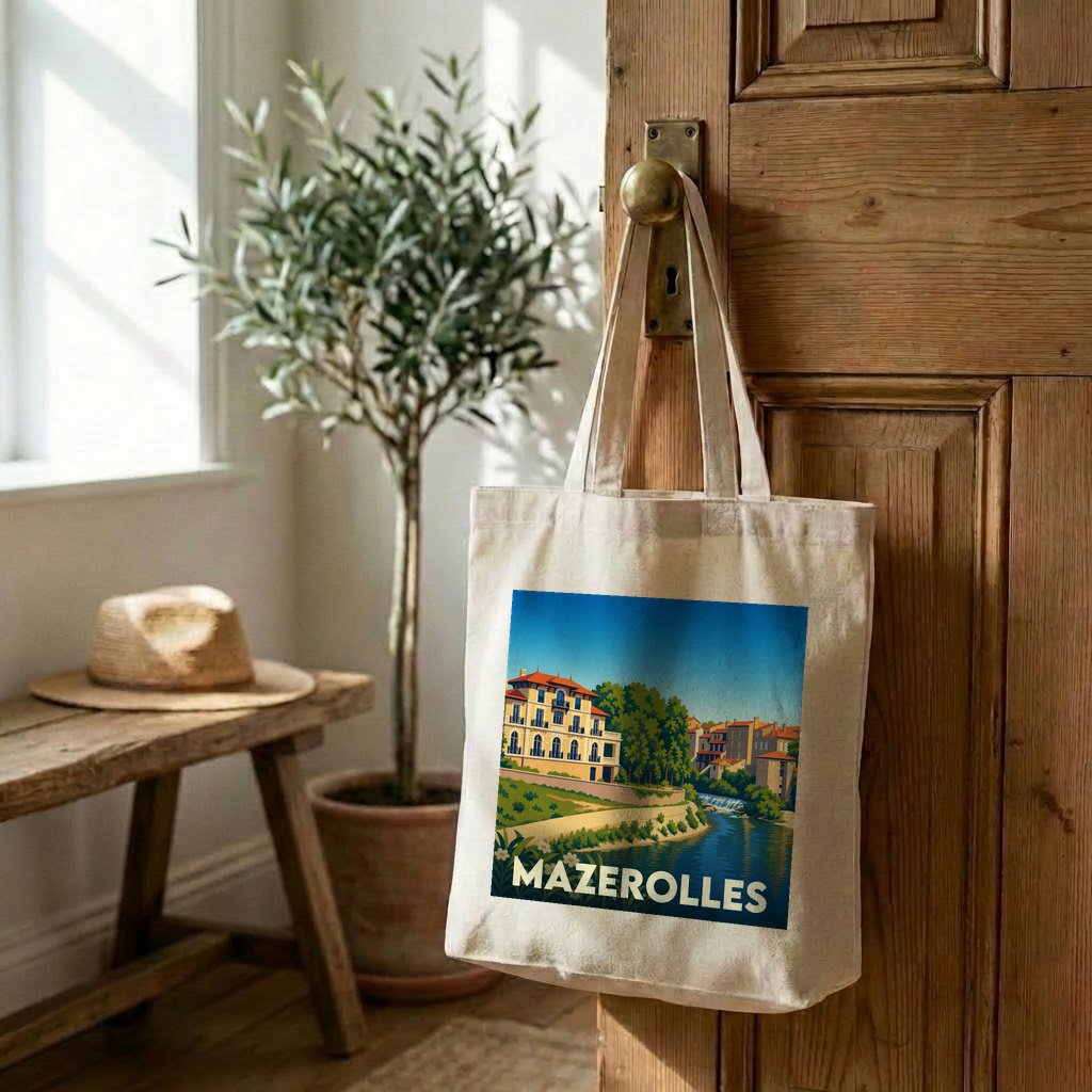 Tote bag souvenir de la ville de Mazerolles avec une illustration stylisée.