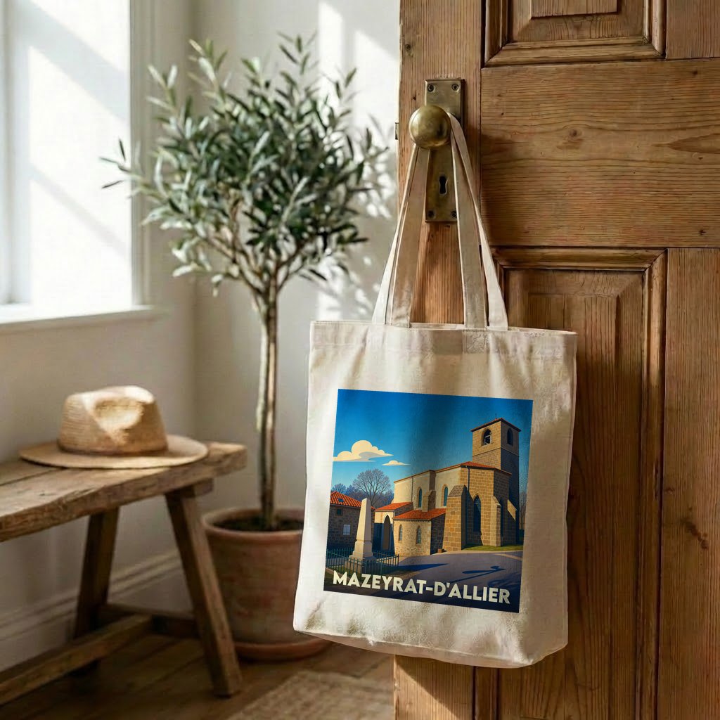 Tote bag souvenir de la ville de Mazeyrat-d'Allier avec une illustration stylisée de son église.