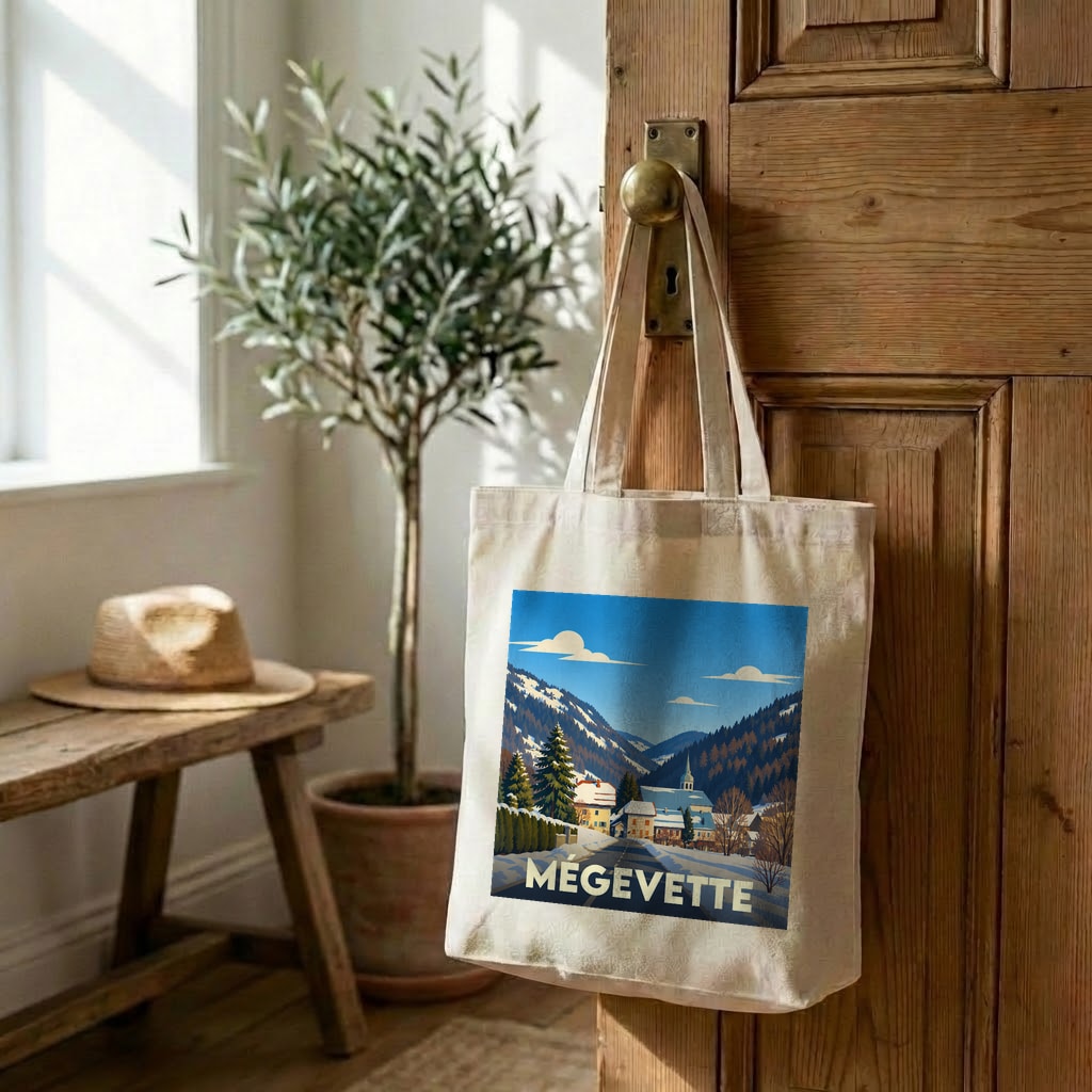 Tote bag souvenir de la ville de Mégevette avec une illustration de paysage de montagne.