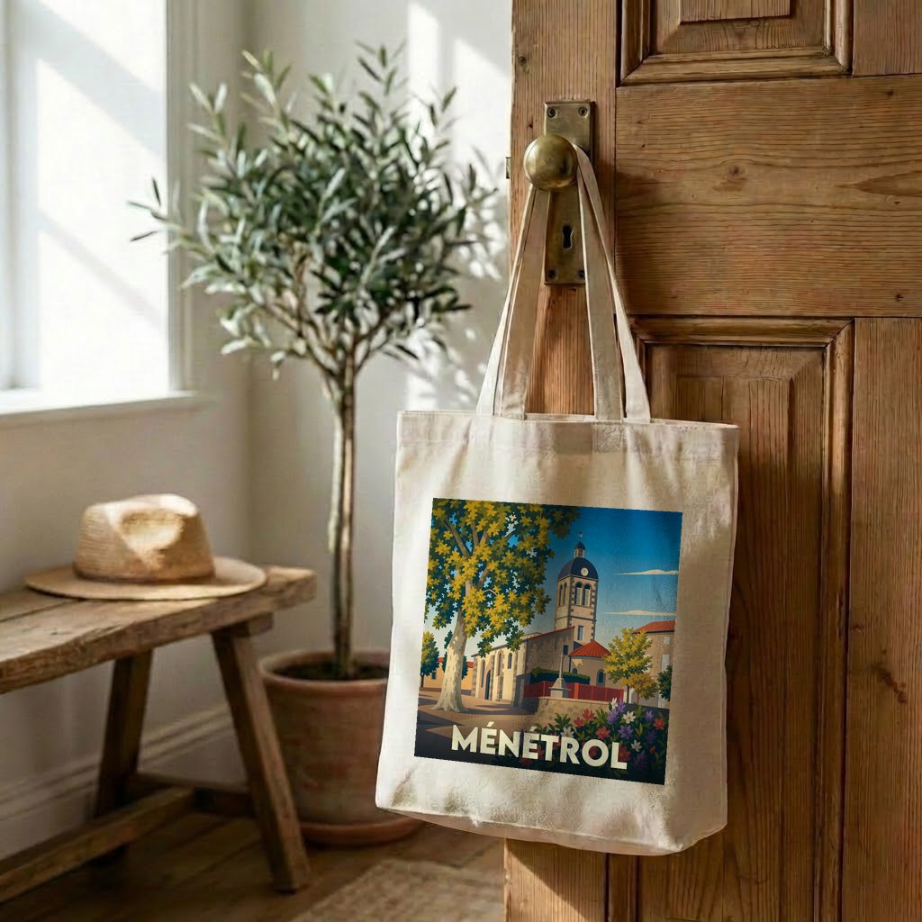 Tote bag souvenir de la ville de Ménétrol avec une illustration stylisée.
