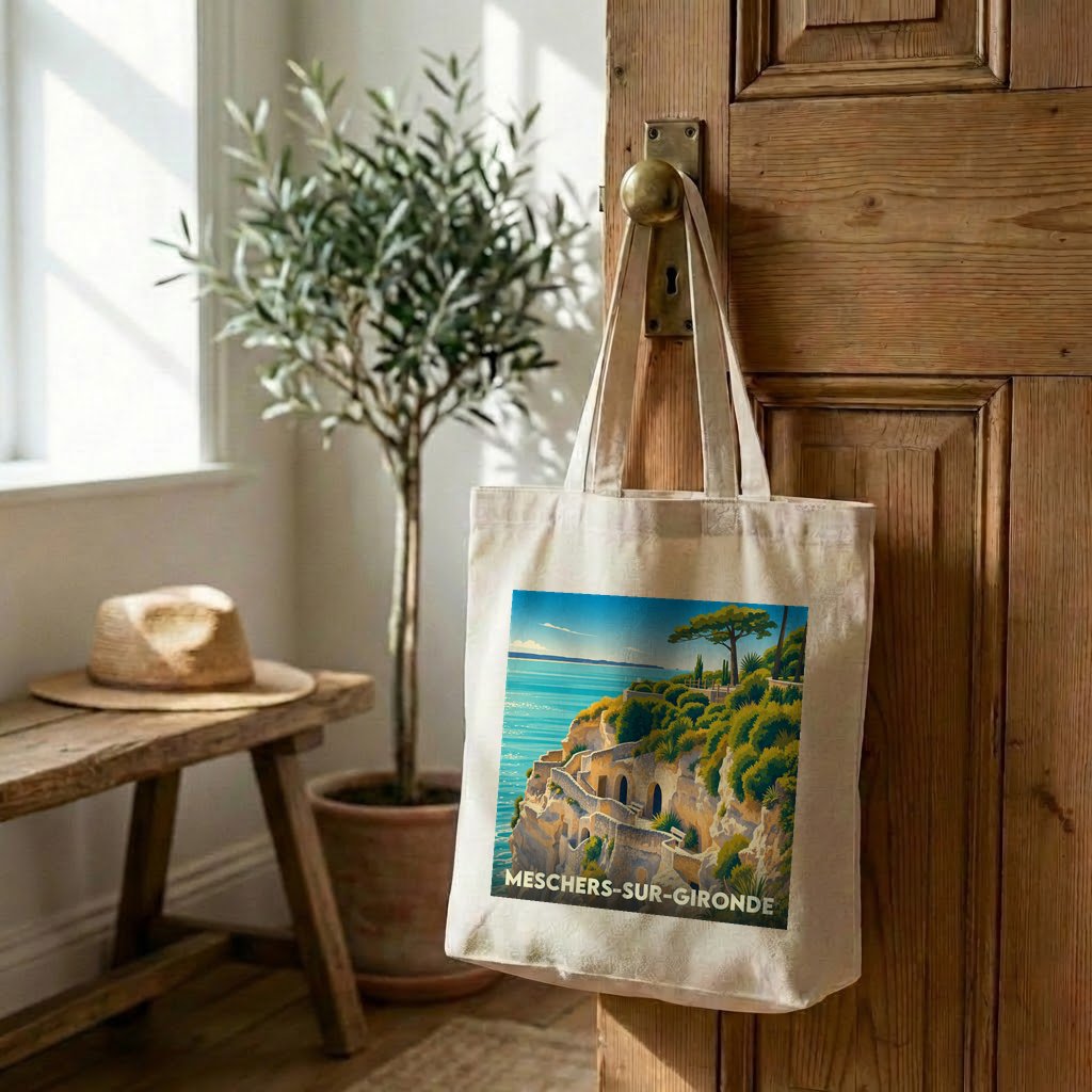Tote bag souvenir de la ville de Meschers-sur-Gironde avec une illustration stylisée de ses falaises.