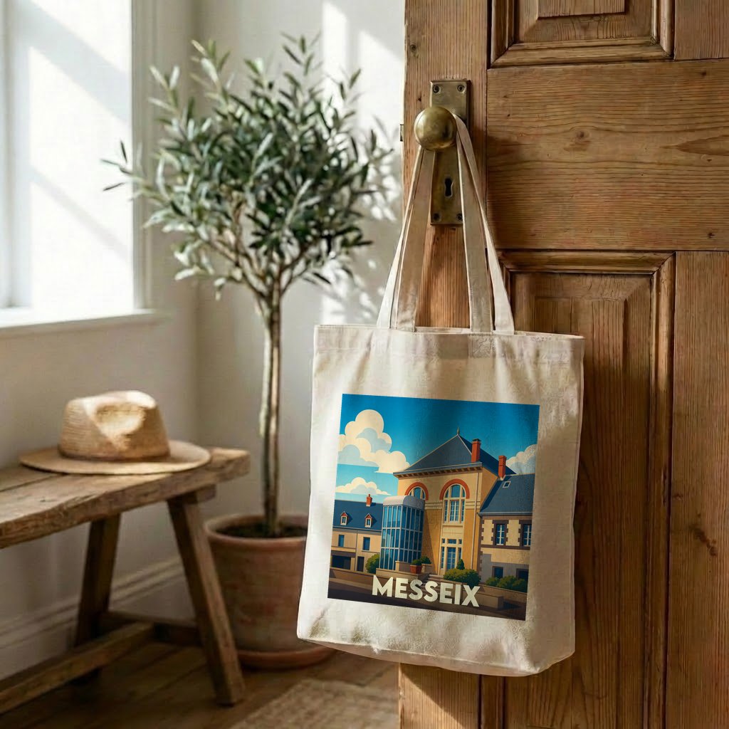 Tote bag souvenir de la ville de Messeix avec une illustration stylisée.