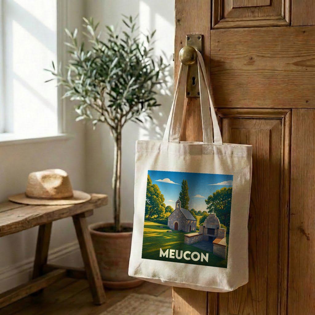 Tote bag souvenir de la ville de Meucon avec une illustration stylisée d'une petite chapelle bretonne.
