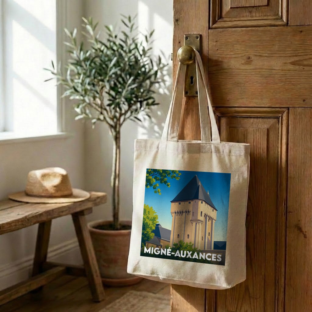 Tote bag souvenir de la ville de Migné-Auxances avec une illustration stylisée de son donjon.