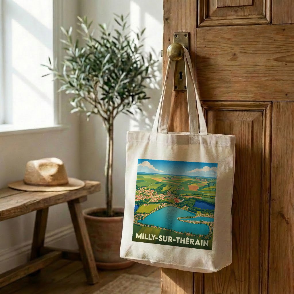 Tote bag souvenir de la ville de Milly-sur-Thérain avec une illustration stylisée d'un paysage de lac.