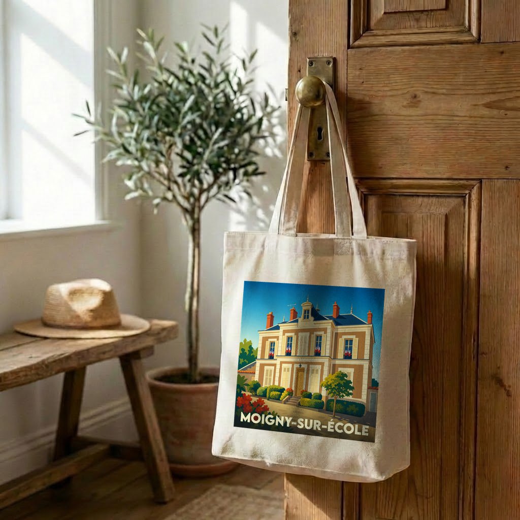 Tote bag souvenir de la ville de Moigny-sur-École avec une illustration stylisée.