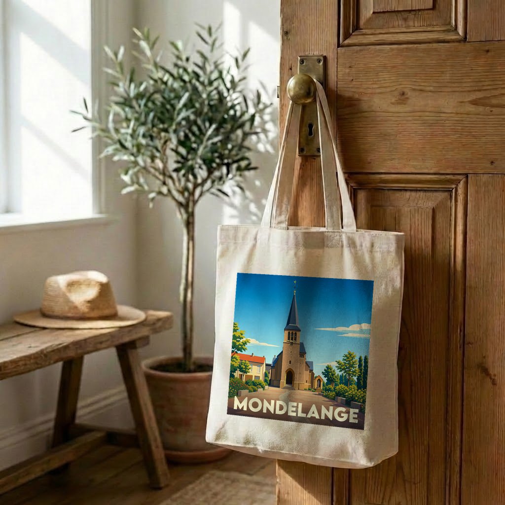 Tote bag souvenir de la ville de Mondelange avec une illustration stylisée d'une église.