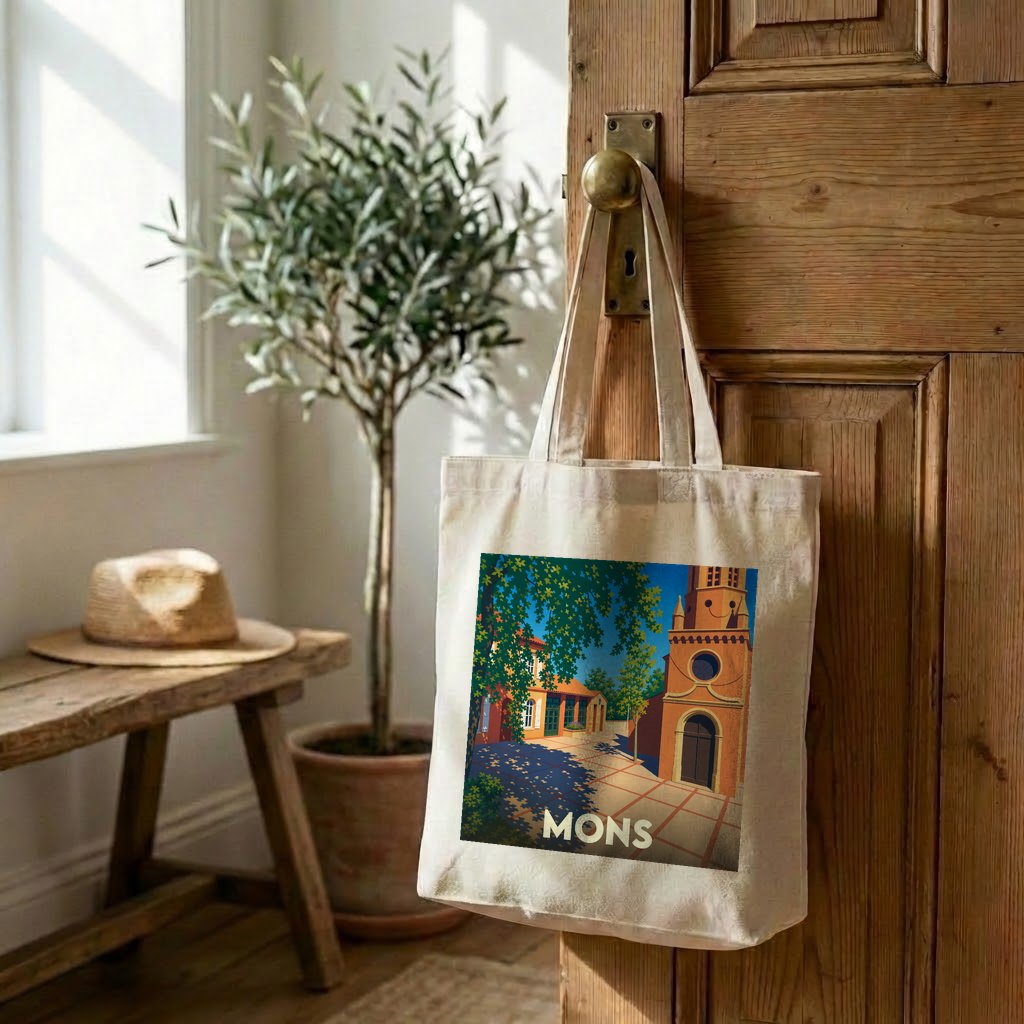 Tote bag souvenir de la ville de Mons avec une illustration stylisée.