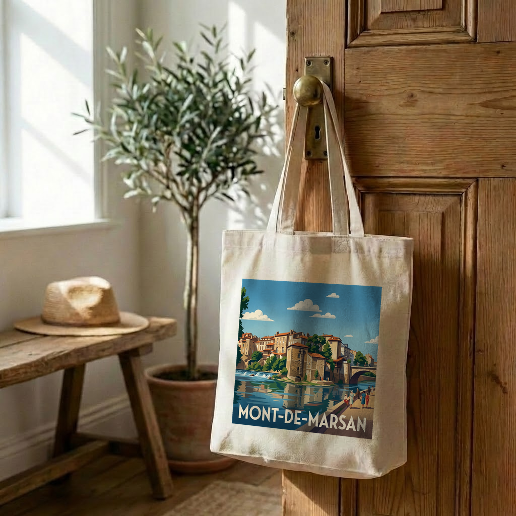 Tote bag souvenir de la ville de Mont-de-Marsan avec une illustration stylisée.