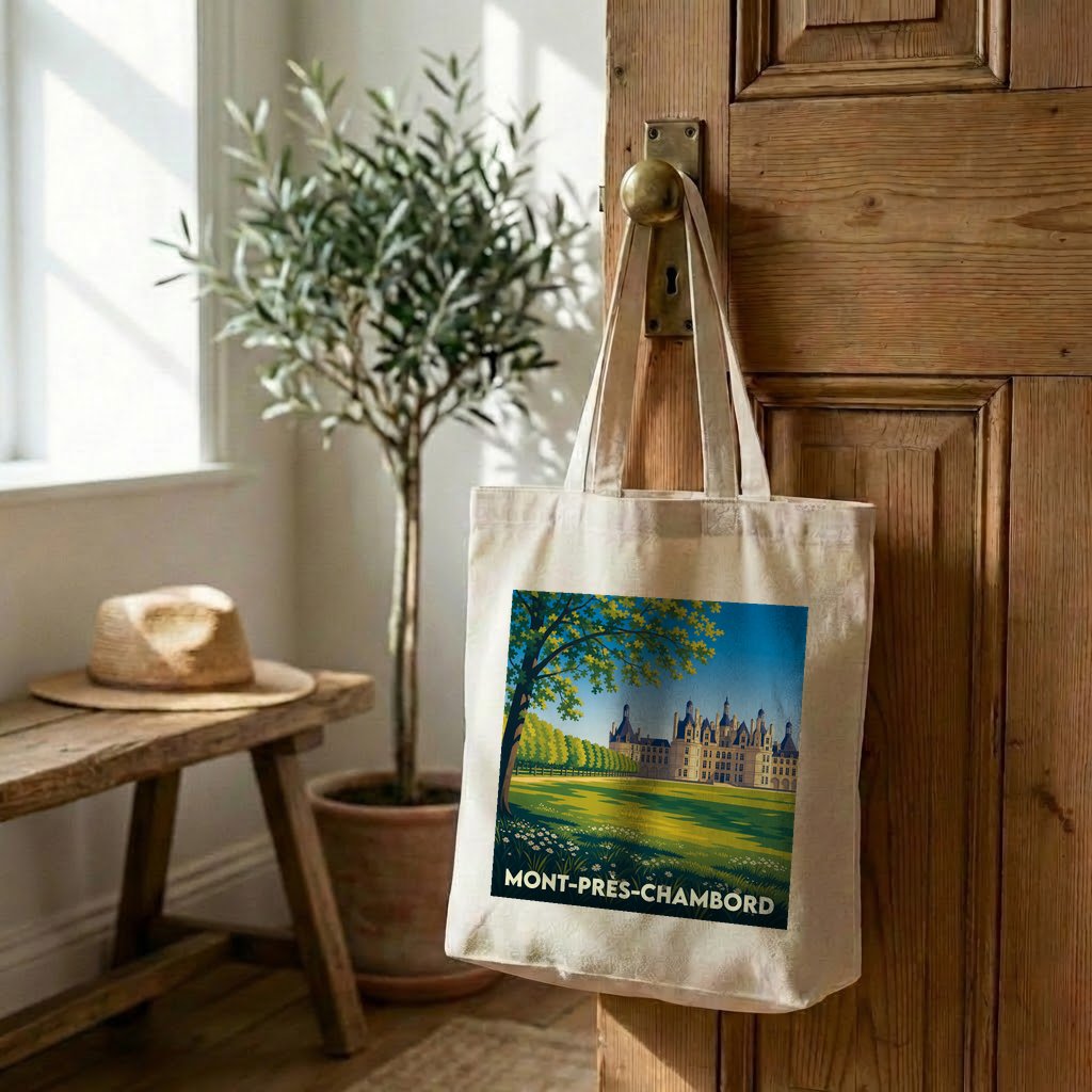 Tote bag souvenir de la ville de Mont-près-Chambord avec une illustration stylisée de son château.