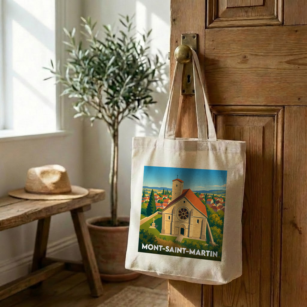 Tote bag souvenir de la ville de Mont-Saint-Martin avec une illustration stylisée de son église.