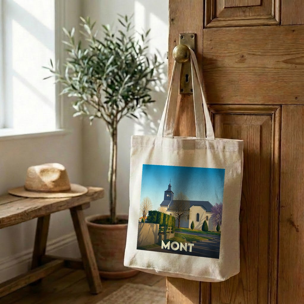 Tote bag souvenir de la ville de Mont avec une illustration stylisée d'une église.