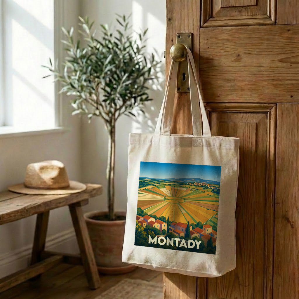 Tote bag souvenir de la ville de Montady avec une illustration stylisée.