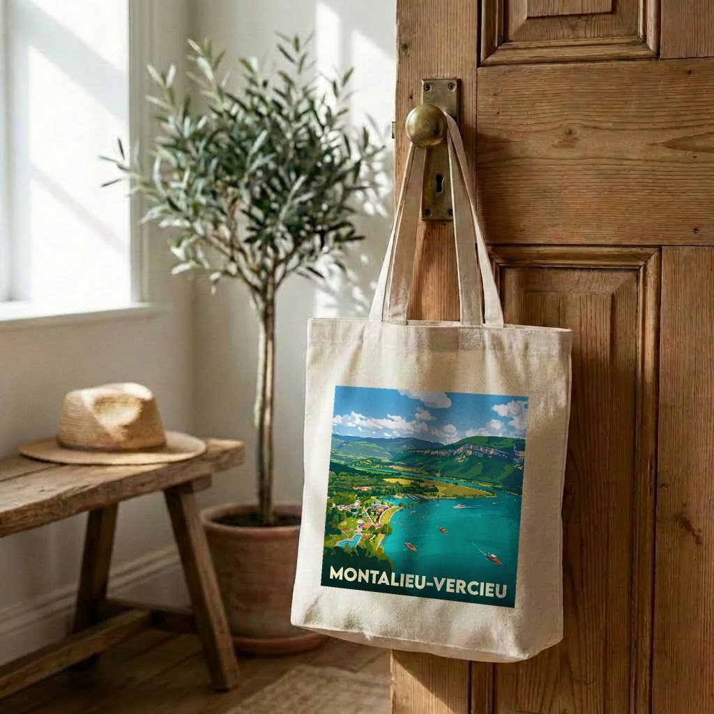 Tote bag souvenir de la ville de Montalieu-Vercieu avec une illustration de paysage colorée.