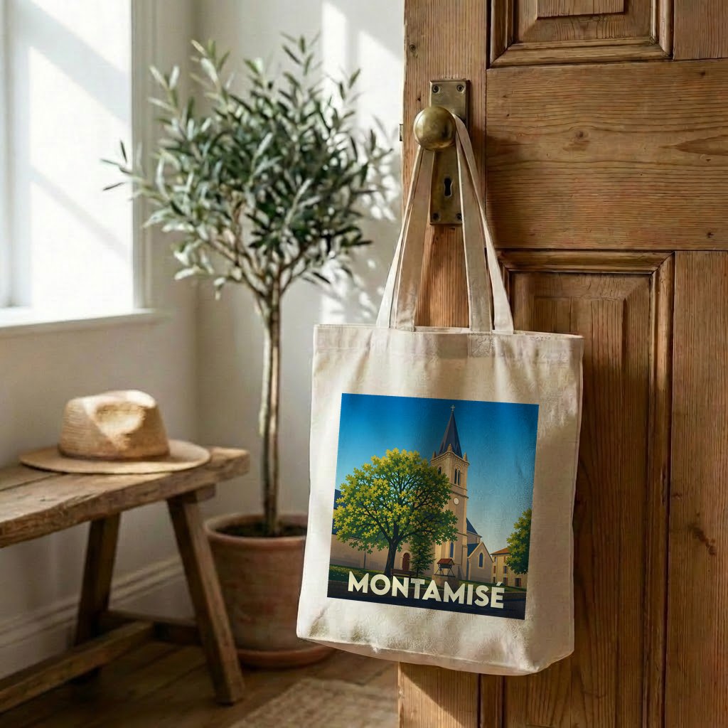 Tote bag souvenir de la ville de Montamisé avec une illustration stylisée.