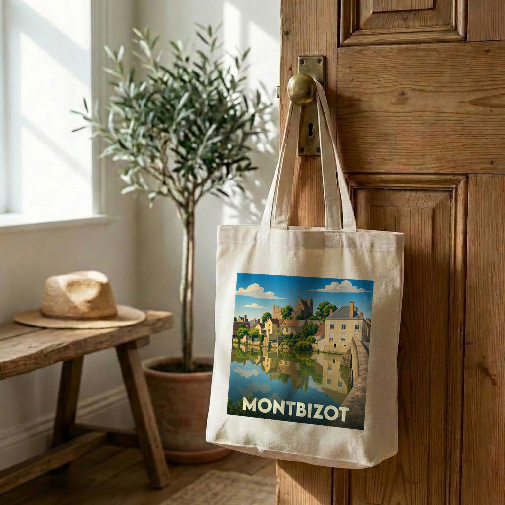 Sac cabas en toile souvenir de la ville de Montbizot avec une illustration stylisée.