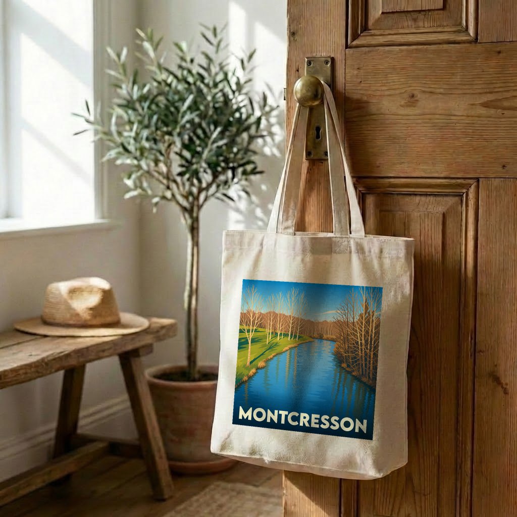 Tote bag souvenir de la ville de Montcresson avec une illustration stylisée d'un paysage fluvial.