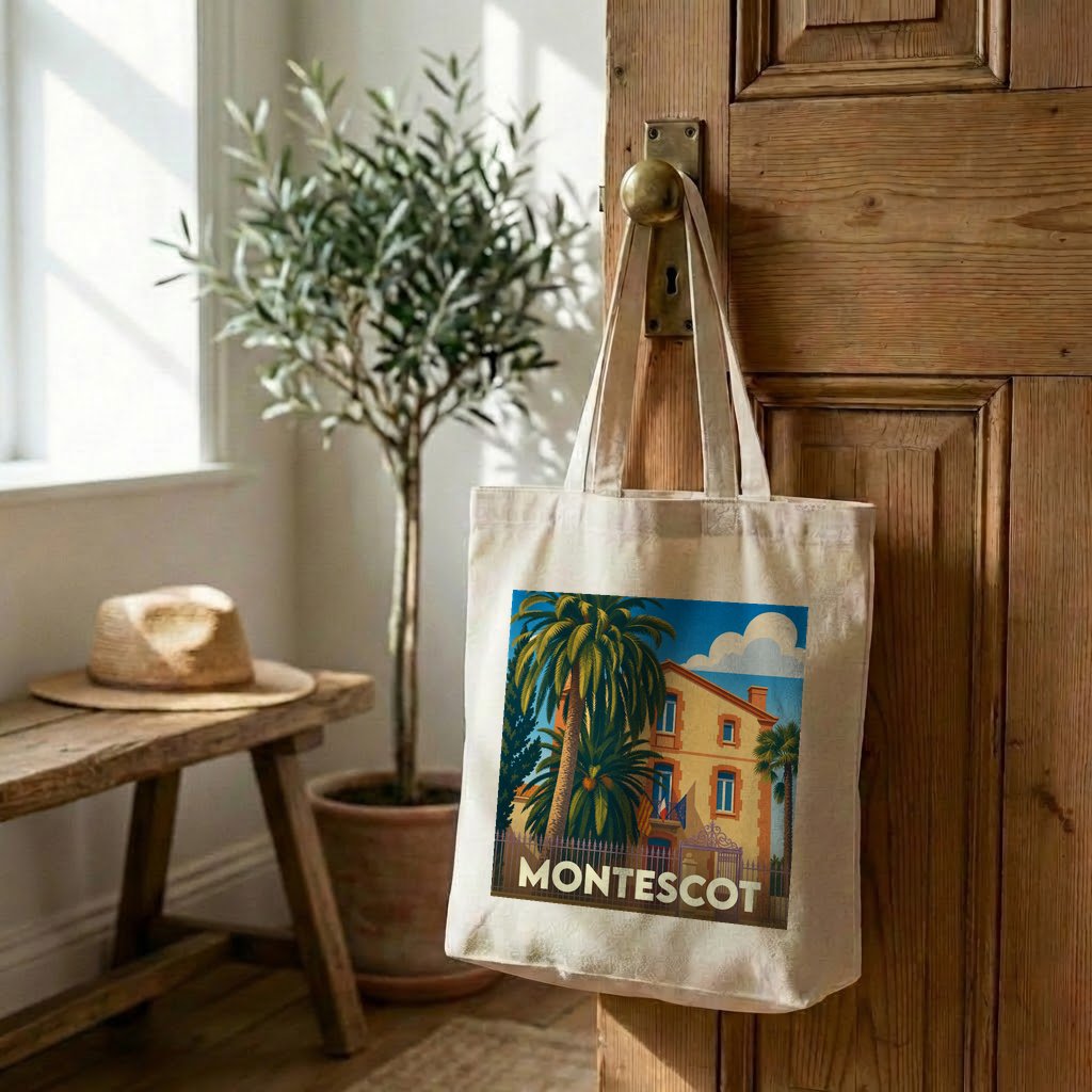 Tote bag souvenir de la ville de Montescot avec une illustration de style affiche vintage.